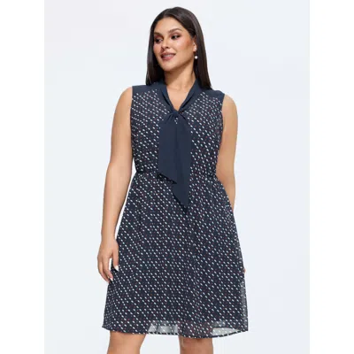 Bloomchic Women's Plus Size Geometric Print Ribbon Neckline Midi Dress Indigo Else Knee Length Office Colorblo In Purple