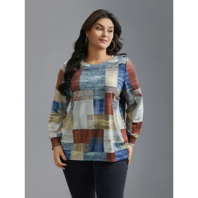 Bloomchic Women's Plus Size Geometric Print Round Neck Sweatshirt Multicolor Everyday 10/m