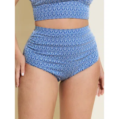 Bloomchic Women's Plus Size Geometric Print Ruched Swim Bottoms Navy Stripes Cropped Cable Knit Elastic Waist  In Blue