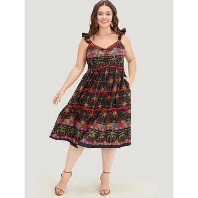 Bloomchic Women's Plus Size Geometric Print Ruffle Trim Pocket Ruched Detail Cami Dress Raspberry Dailywear Ru In Pink