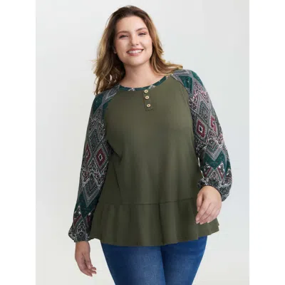 Bloomchic Women's Plus Size Geometric Print Ruffled Hem Button T-shirt Armygreen Synthetic Texture Casual Extr