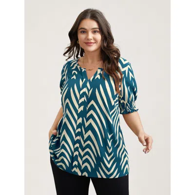 Bloomchic Women's Plus Size Geometric Print Ruffled Shirred Blouse Aegean Geometric Office Half Sleeve V-notch In Blue