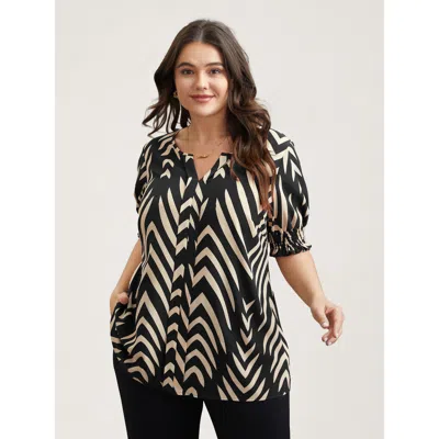 Bloomchic Women's Plus Size Geometric Print Ruffled Shirred Blouse Black Geometric Office Half Sleeve V-notch 
