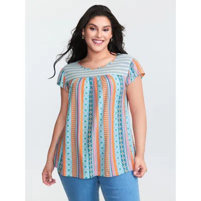 Bloomchic Women's Plus Size Geometric Print Ruffled Sleeve Knit Top Lightblue Cap Sleeve Casual 10/m In Blue
