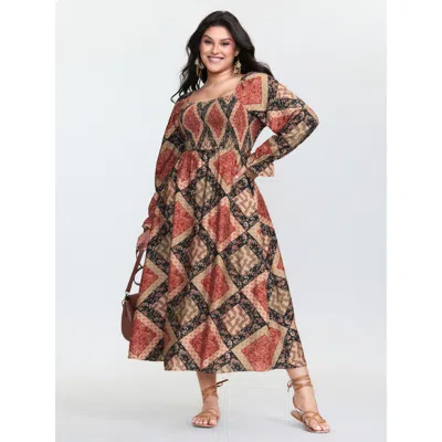 Bloomchic Women's Plus Size Geometric Print Shirred Bodice Midi Dress Darkbrown Bohemian Print Midi Vacation 1 In Brown