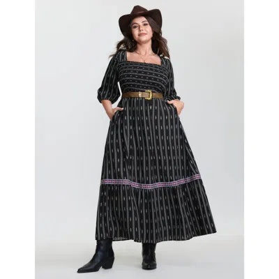 Bloomchic Women's Plus Size Geometric Print Shirred Square Neck Maxi Dress Black Geometric Maxi Vacation Smock