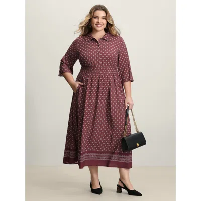 Bloomchic Women's Plus Size Geometric Print Shirred Waist Maxi Dress Deepred Bohemian Print Midi Office Button In Red
