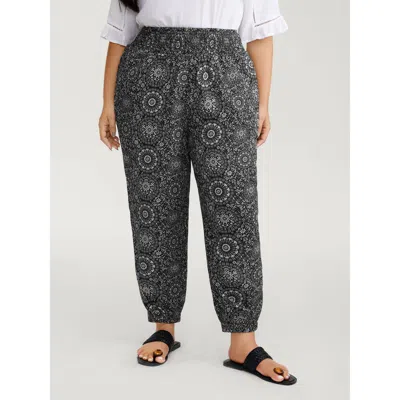 Bloomchic Women's Plus Size Geometric Print Shirred Waistband Pants Blackflower Geometric Tapered Ankle Mid Ri