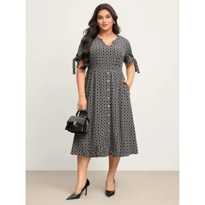 Bloomchic Women's Plus Size Geometric Print Sleeve Tie Midi Dress Black Geometric Midi Office Tie Knot 28/5x