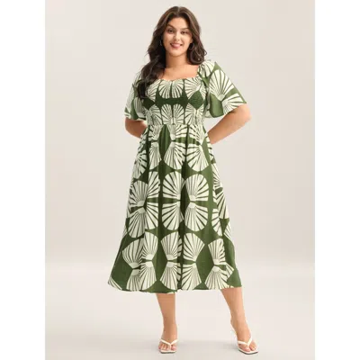 Bloomchic Women's Plus Size Geometric Print Square Neck Cinched Midi Dress Moss Geometric Midi Vacation Smocke In Green