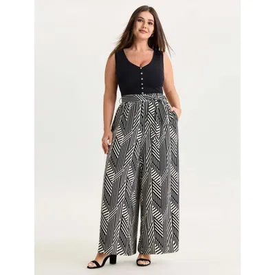 Bloomchic Women's Plus Size Geometric Print Straight-fit Pants Whitesmoke Stripes Wide Leg Mid Rise Office 22-