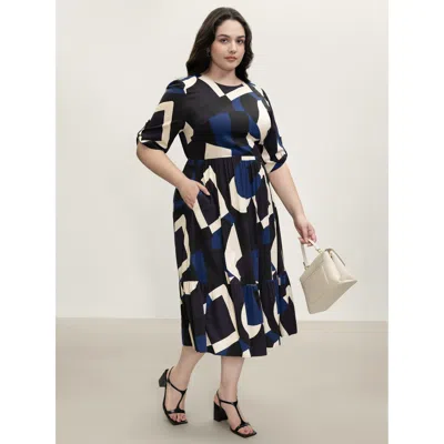 Bloomchic Women's Plus Size Geometric Print Stretchy Waist Cuffed Midi Dress Multicolor Geometric Midi Office 