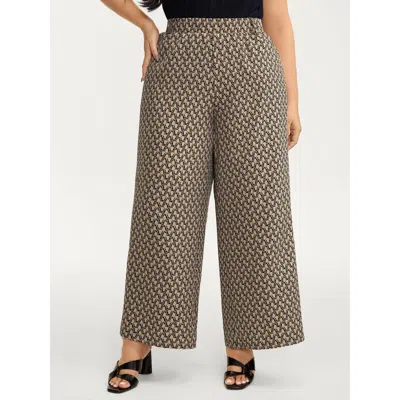 Bloomchic Women's Plus Size Geometric Print Stretchy Waist Wide-leg Pants Lightbrown Geometric Wide Leg Mid Ri In Brown