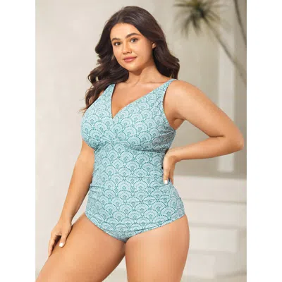Bloomchic Women's Plus Size Geometric Print Surplice One-piece Swimsuit Emerald Geometric Gathered Adaptive-fi In Green