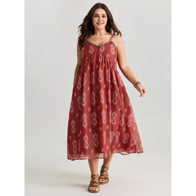 Bloomchic Women's Plus Size Geometric Print Tassel Cami Maxi Dress Rust Ethnic Floral Maxi Vacation Patchwork  In Brown