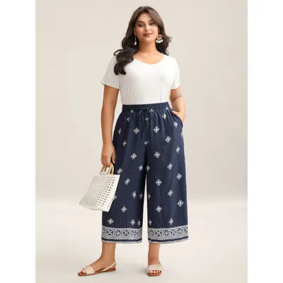 Bloomchic Women's Plus Size Geometric Print Tied Wide-leg Pants Indigo Geometric Straight Fit Mid Rise Vacatio In Purple