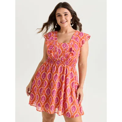 Bloomchic Women's Plus Size Geometric Print Toothpick Pleat Mini Dress Brightorange Ethnic Floral Cropped Vaca