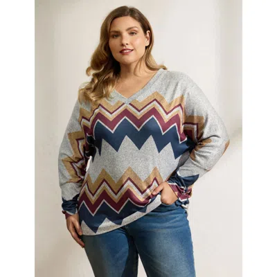 Bloomchic Women's Plus Size Geometric Print V-neck Knit Top Multicolor Extra Long Sleeve Casual 10/m
