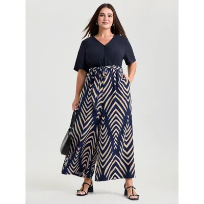 Bloomchic Women's Plus Size Geometric Print V-neck Stretchy Jumpsuit Darkblue Office 12/l In Blue