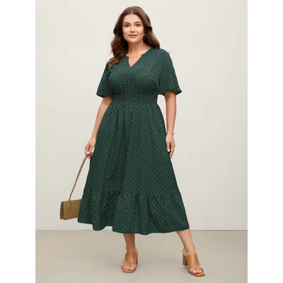 Bloomchic Women's Plus Size Geometric Print Waist-cinched Tiered Midi Dress Darkgreen Stripes Midi Office Ruff In Green