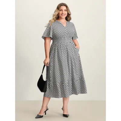 Bloomchic Women's Plus Size Geometric Print Waist-cinched Tiered Midi Dress Originalwhite Stripes Midi Office 