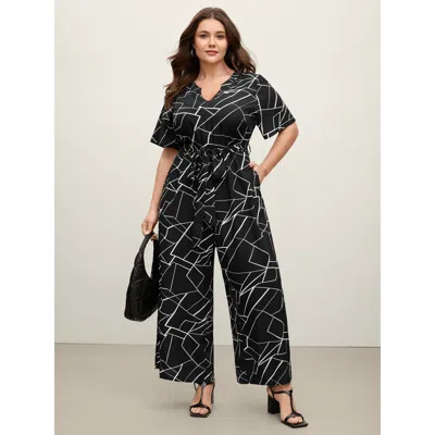 Bloomchic Women's Plus Size Geometric Print Waist-defining Belted Jumpsuit Black Office 26/4x