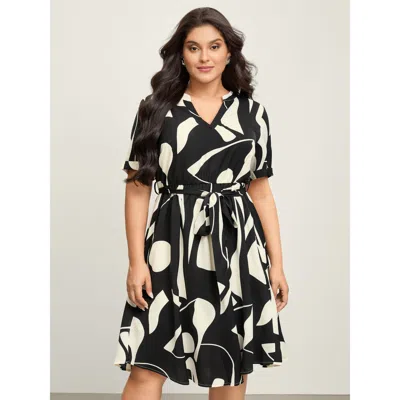 Bloomchic Women's Plus Size Geometric Print Waist-tie Midi Dress Black Geometric Midi Office Belted 28/5x