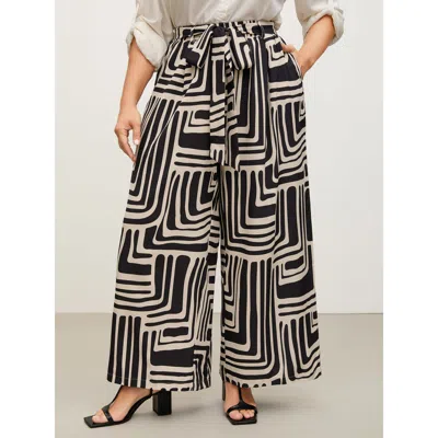 Bloomchic Women's Plus Size Geometric Print Wide-leg Belted Pants Black Geometric Wide Leg Mid Rise Office 10/