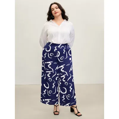Bloomchic Women's Plus Size Geometric Print Wide-leg Pants Darkblue Geometric Wide Leg Mid Rise Office 10/m In Blue