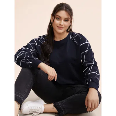 Bloomchic Women's Plus Size Geometric Round Neck Raglan Sleeve Sweatshirt Darkblue Geometric Casual 14-16/1x In Blue