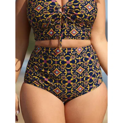 Bloomchic Women's Plus Size Geometric Ruched Tummy-control Bikini Bottoms Indigo Ethnic Floral Cropped Non 10/ In Purple