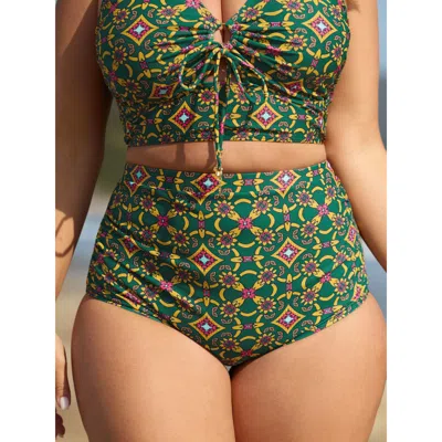 Bloomchic Women's Plus Size Geometric Ruched Tummy-control Bikini Bottoms Truegreen Ethnic Floral Cropped Non 
