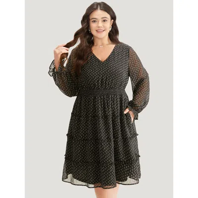Bloomchic Women's Plus Size Geometric Shirred Mesh Frill Trim Dress Blackflower Office See Through 10/m