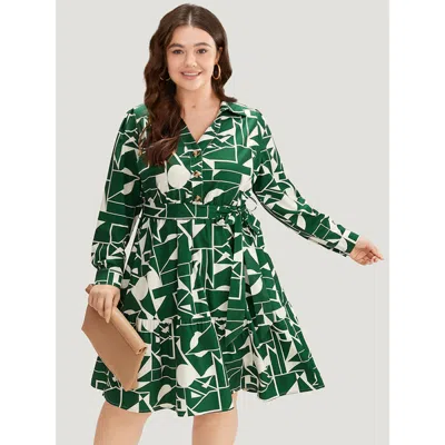 Bloomchic Women's Plus Size Geometric Shirt Collar Belted Pocket Flutter Dress Green Office Belted 12/l