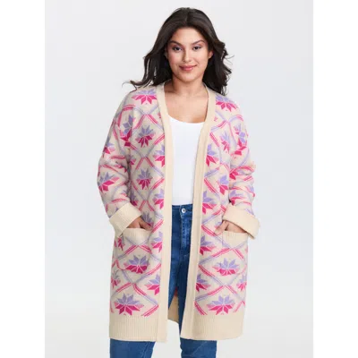 Bloomchic Women's Plus Size Geometric Snowflake Pattern Pockets Knit Cardigan Beige Long Sleeve 10/m In Sand
