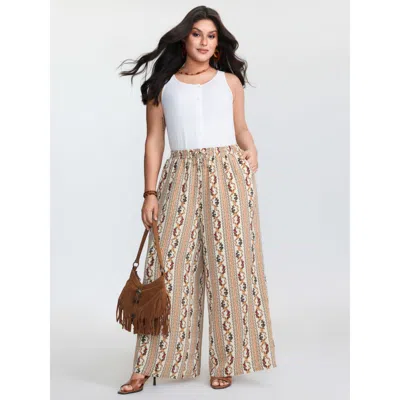 Bloomchic Women's Plus Size Geometric Stripe Print Pockets Straight-leg Pants Beige Ethnic Floral Wide Leg Mid In Sand