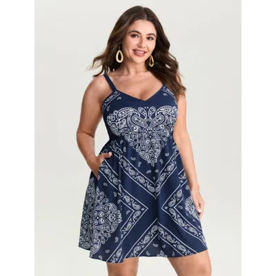 Bloomchic Women's Plus Size Geometric Stripe Shirred Back Mini Dress Indigo Vacation 12/l In Purple