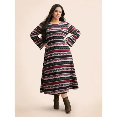 Bloomchic Women's Plus Size Geometric Striped Bell Sleeve Knit Dress Multicolor Vacation Midi Colorblock 14-16