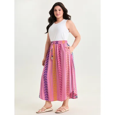 Bloomchic Women's Plus Size Geometric Striped Print Drawstring Maxi Skirt Peach Lace-up Non Casual 12/l In Orange