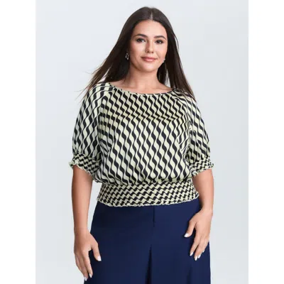 Bloomchic Women's Plus Size Geometric Stripes Stretchy Hem Blouse Blackflower Geometric Office Short Sleeve Ro
