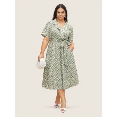 Bloomchic Women's Plus Size Geometric Suit Collar Button Up Belted Dress Sage Geometric Midi Office Belted 12/ In Green