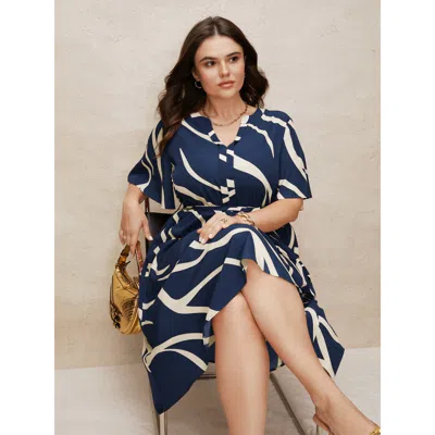 Bloomchic Women's Plus Size Geometric Surplice Neck Tie Knot Midi Dress Navy Abstract Midi Office Non 30/6x In Blue