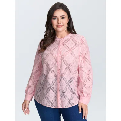 Bloomchic Women's Plus Size Geometric Texture Lace Trim Blouse Lightpink Solid Elegant Long Sleeve Ruffle Trim