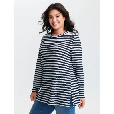 Bloomchic Women's Plus Size Geometric Texture Split Hem T-shirt Darkblue Stripes Casual Long Sleeve Round Neck In Blue