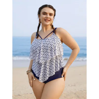Bloomchic Women's Plus Size Geometric Tiered Ruffles One Piece Swimsuit Whitesmoke Geometric Gathered Adaptive