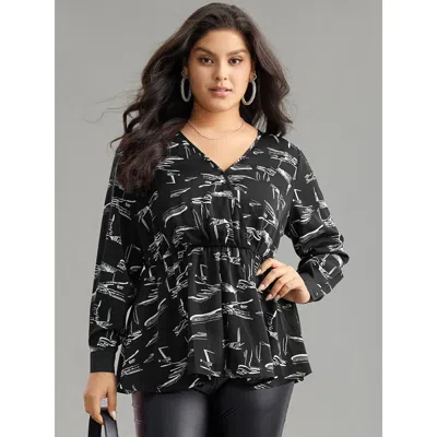 Bloomchic Women's Plus Size Geometric Wrap Elastic Waist Ruffle Hem Blouse Blackflower Office Long Sleeve 22-2