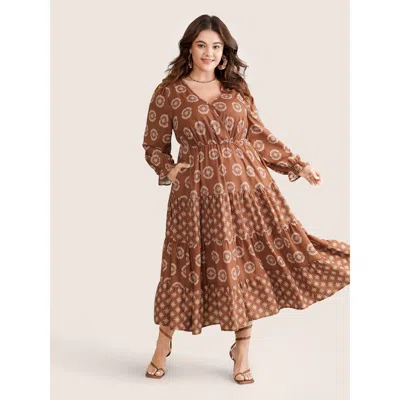 Bloomchic Women's Plus Size Geometric Wrap Ruffle Layered Hem Dress Chocolate Vacation Wrap / Overlap 22-24/3x In Brown