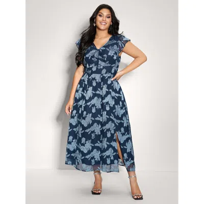 Bloomchic Women's Plus Size Geometrical Jacquard Textured Shirred Maxi Dress Cerulean Synthetic Texture Maxi P In Blue