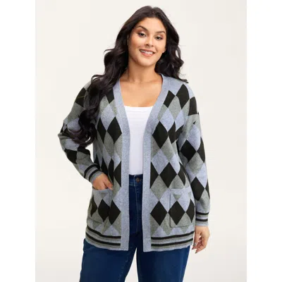 Bloomchic Women's Plus Size Geometrical Pattern Open-front Knit Cardigan Darkgray Long Sleeve 18-20/2x In Gray