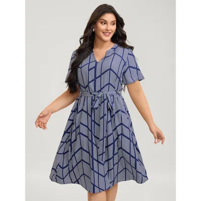Bloomchic Women's Plus Size Geometrical Print Notched Collar Belted Midi Dress Midnight Geometric Midi Office  In Blue